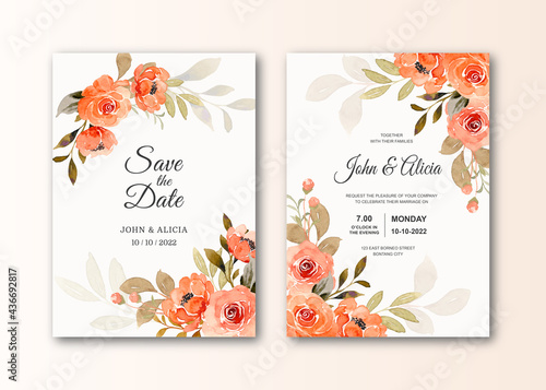 Save the date. wedding invitation card with watercolor rose flower