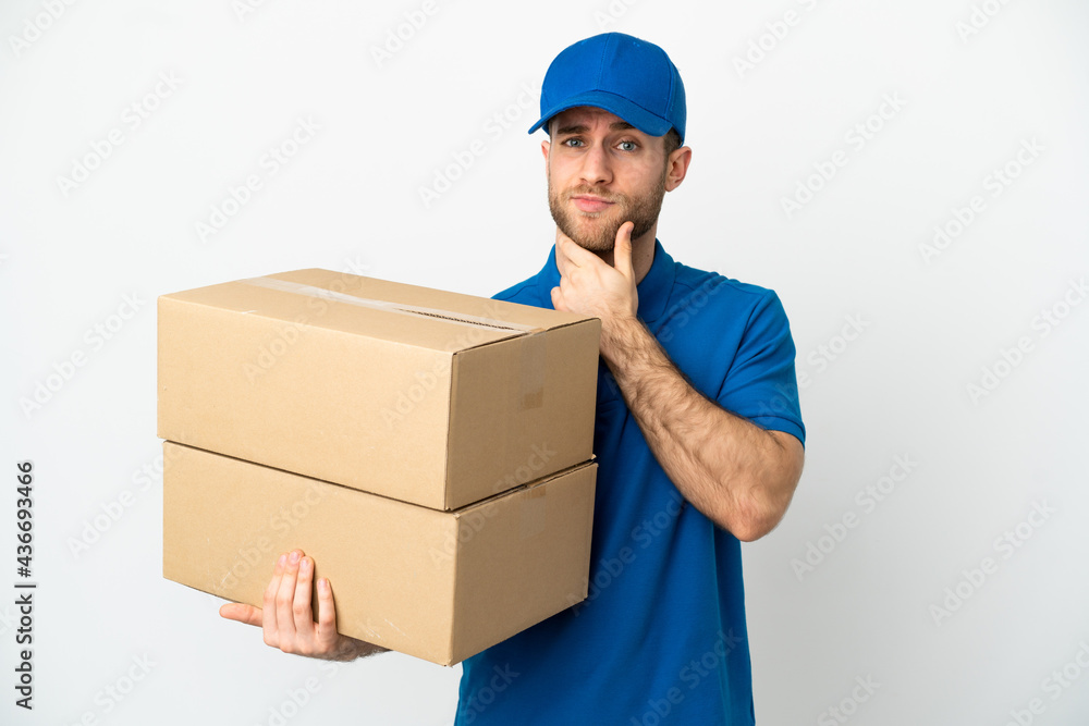 Delivery man over isolated white background thinking Delivery man over isolated white background thinking