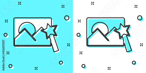 Black line Photo retouching icon isolated on green and white background. Photographer, photography, retouch icon. Random dynamic shapes. Vector