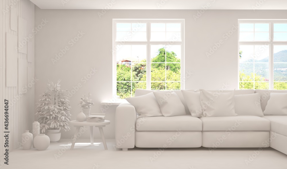 Mock up of stylish room in white color with sofa and green landscape in window. Scandinavian interior design. 3D illustration Mock up of stylish room in white color with sofa and green landscape in window. Scandinavian interior design. 3D illustration