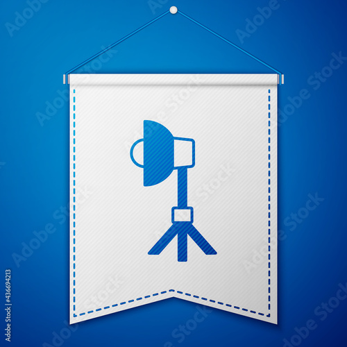 Blue Studio light bulb in softbox icon isolated on blue background. Shadow reflection design. White pennant template. Vector