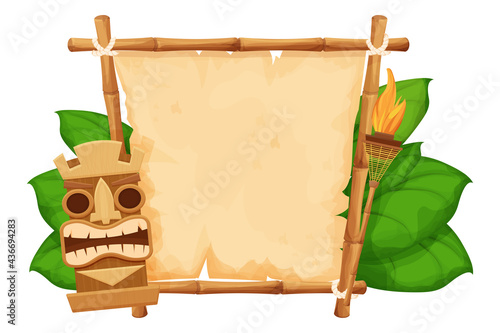 Tiki tribal hawaiian mask, statuette with human face on bamboo frame with parchment, torch in cartoon style decorated exotic, palm leaves isolated on white background. God from ancient of Hawaii. 