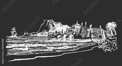 Old Tropical Town Drawing, Exotic Beach Sketch Vector