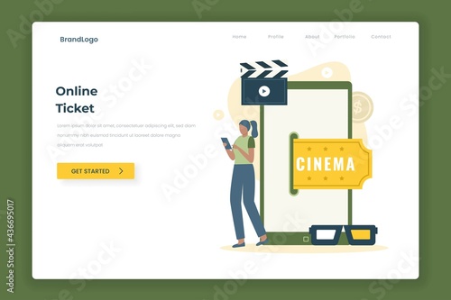 Cinema movie ticket online illustration landing page concept. Illustration for websites, landing pages, mobile applications, posters and banners.