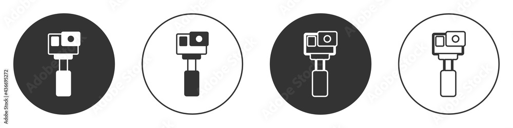 Black Action extreme camera icon isolated on white background. Video camera equipment for filming extreme sports. Circle button. Vector Black Action extreme camera icon isolated on white background. Video camera equipment for filming extreme sports. Circle button. Vector