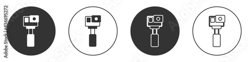 Black Action extreme camera icon isolated on white background. Video camera equipment for filming extreme sports. Circle button. Vector