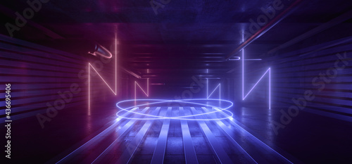 Modern Sci Fi Futuristic Purple Blue Neon Glowing Laser Circle Lights Stage Showroom Underground Catwalk Hangar Technology Background Tunnel Corridor 3D Rendering