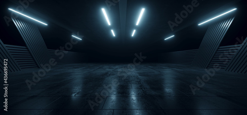 Underground Concrete Hangar Tunnel Garage Realistic Background Showroom Sci Fi Futuristic Modern Grunge Alien Warehouse Hallway Asphalt Dark Lights 3D Rendering