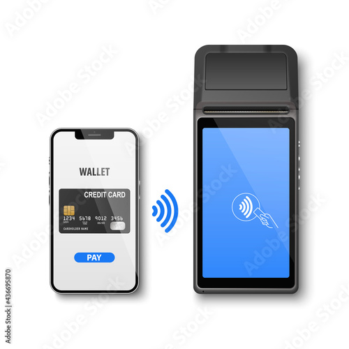 Vector Realistic 3d Payment Wi-Fi Machine, Smarthone. POS Terminal, Phone, Credit Card Isolated on White. Design Template of Bank Payment Terminal, Telephone, Mockup. Payments Device. Top View