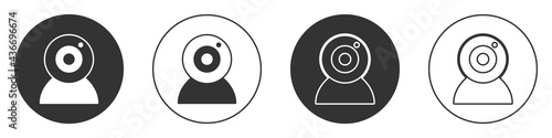 Black Web camera icon isolated on white background. Chat camera. Webcam icon. Circle button. Vector
