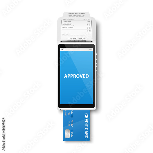 Vector 3d Realistic White Payment Machine. POS Terminal, Paper Receipt, Credit Card Isolated. Approved Payment. Design Template, Bank Payment Terminal, Mockup. Processing NFC Payments Device. Top View