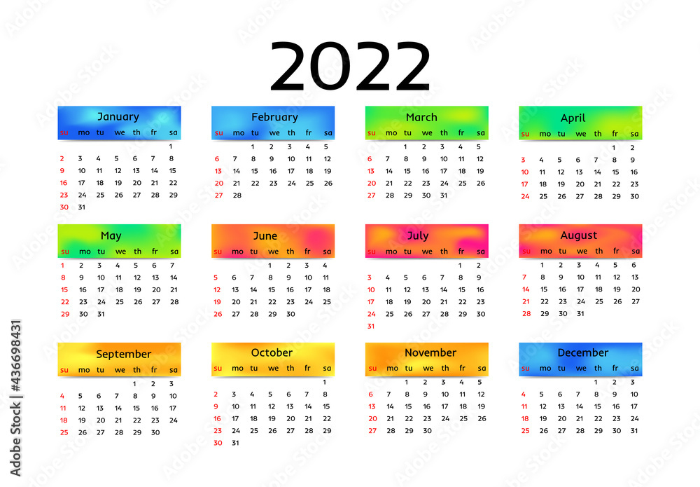 Calendar for 2022 isolated on a white background Calendar for 2022 isolated on a white background