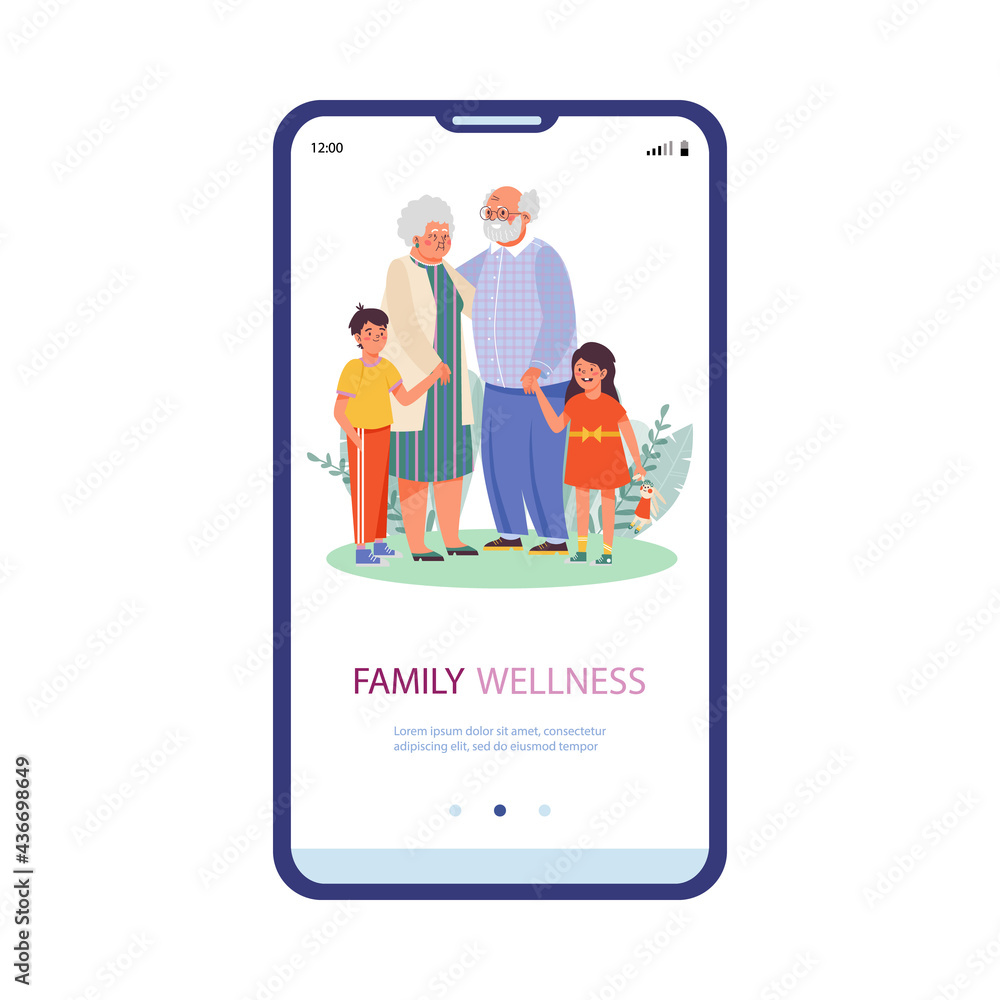 Mobile phone screen with happy elderly grandparent and grandchildren hug together Mobile phone screen with happy elderly grandparent and grandchildren hug together