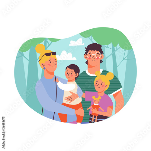 Portrait of happy family loving father and mother together with daughter and son