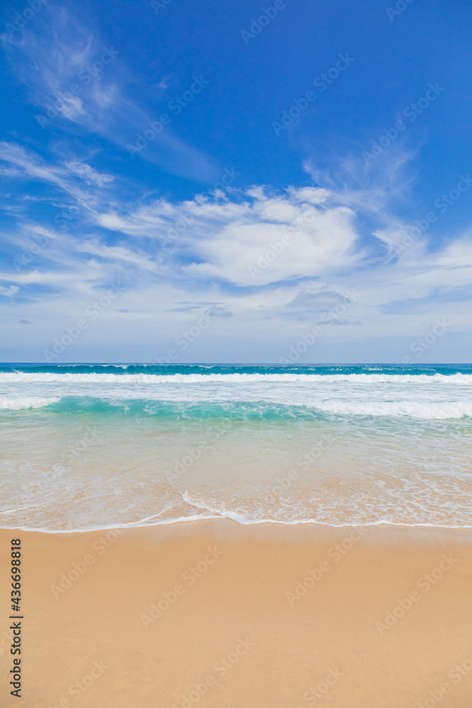 Sea sand beach background Summer beach with sunny sky and coconut tree Phuket island, Thailand Beautiful scene of blue sky and cloud  on sunny day Empty holiday sea where the horizon can see clearly