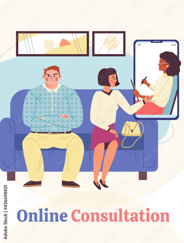Family psychotherapist having online session with quarreling married couple. Family psychotherapist having online session with quarreling married couple.
