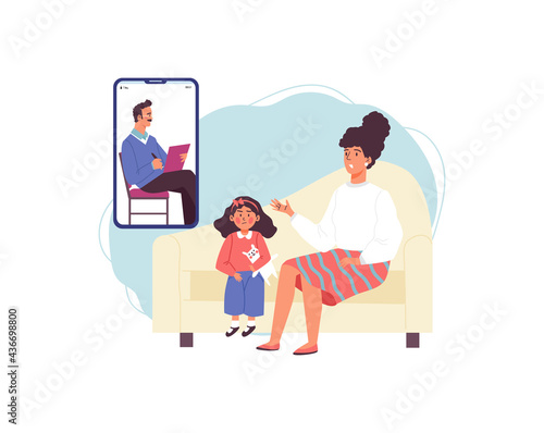 Online consultation children psychologist for patient kid girl and worried mother