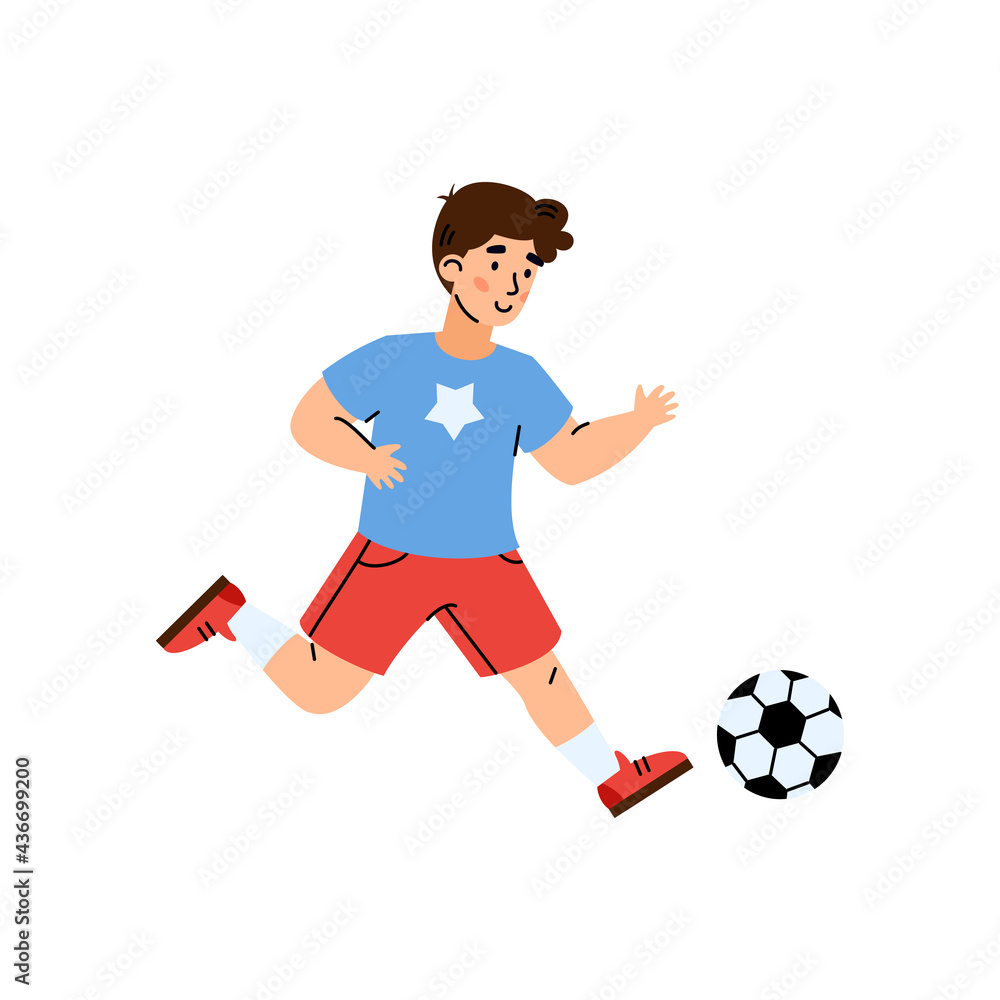 Kid boy play in football, child kick soccer ball a flat vector illustration.