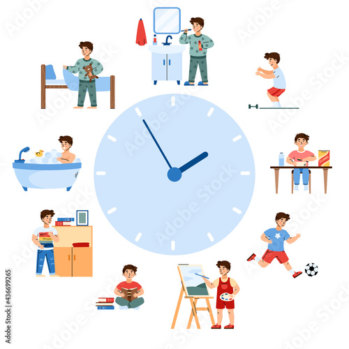 Childrens daily routine table with cute child boy, cartoon vector illustration.