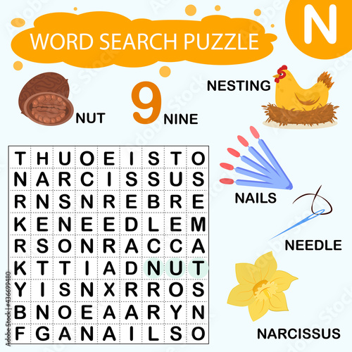 Vector educational game for kids. A puzzle for finding words starting with the letter N
