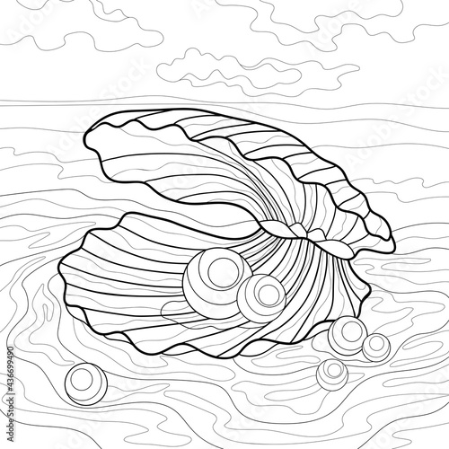Seashell with simple patterns and pearls on sand. Sky, clouds  and water. Summer illustration on a white isolated background. For coloring book pages.