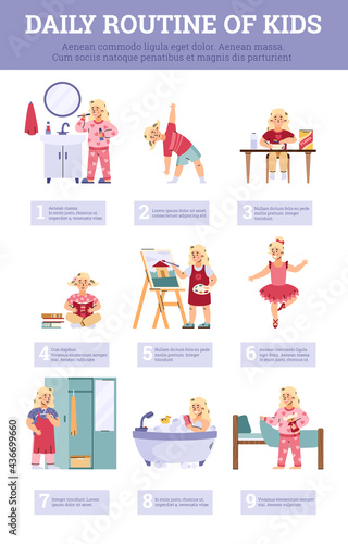Kids daily routine banner with girl in daily activity, flat vector illustration.