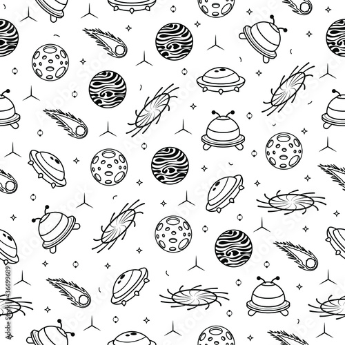 Abstract Seamless Pattern Doodle Collection Aliens Ufo Planets Galaxy Space Logo Vector Design Style