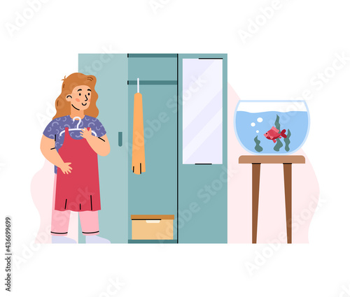 Little girl cleans room and hangs clothes, cartoon vector illustration isolated.