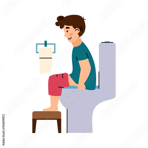 Kid boy sitting on toilet in bathroom a flat cartoon vector illustration.