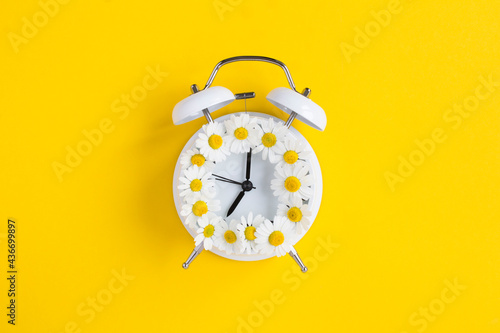 Chamomile on the dial of the white alarm clock on the yellow background. Copy space. Top view.
