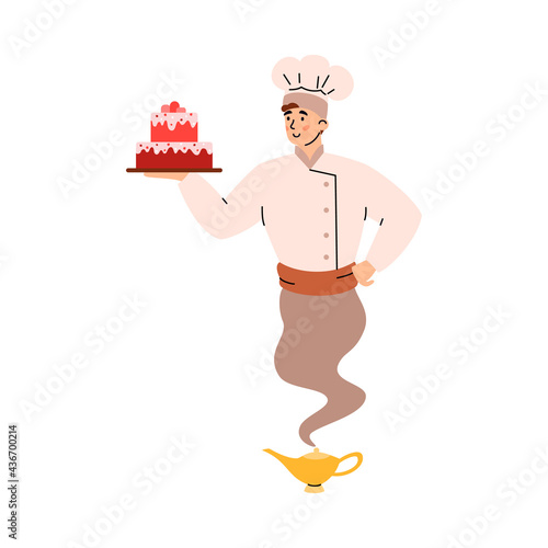 Cook or confectioner looking like genie, cartoon vector illustration isolated.
