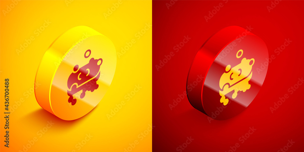 Isometric Bar of soap with foam icon isolated on orange and red background. Soap bar with bubbles. Circle button. Vector Isometric Bar of soap with foam icon isolated on orange and red background. Soap bar with bubbles. Circle button. Vector