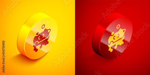 Isometric Bar of soap with foam icon isolated on orange and red background. Soap bar with bubbles. Circle button. Vector