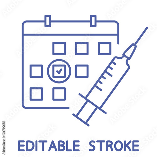 Vaccination schedule line icon. Time to vaccinate. Immunization concept. Syringe with calendar. Health care and protection. Medical treatment. Vaccine for Influenza. Editable stroke