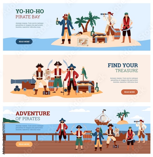 Banner or flyers for pirate adventure party or quest, flat vector illustration.
