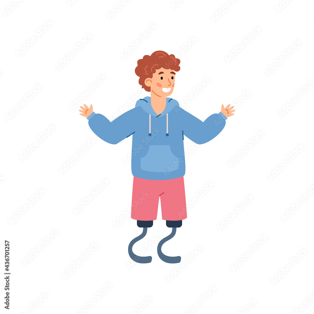 Cheerful disabled boy with prosthetic limb, cartoon vector illustration isolated.