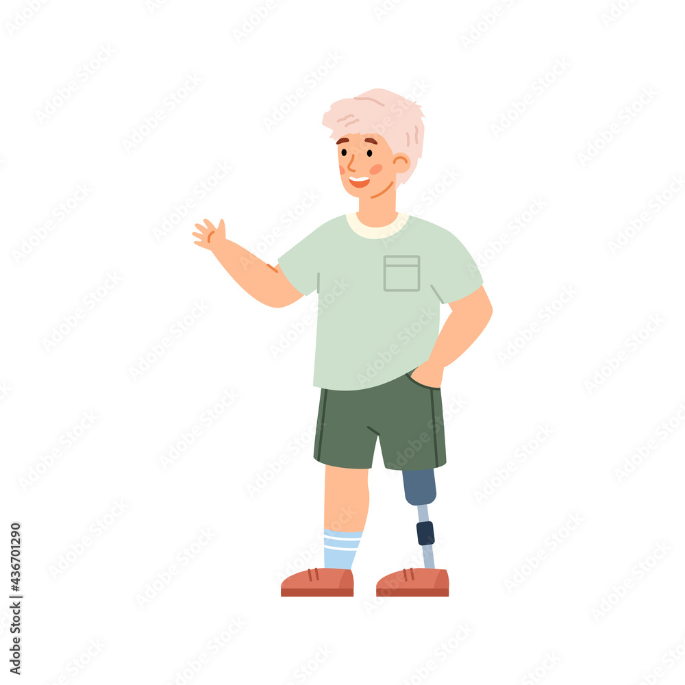 Cute disabled boy with prosthetic limb, cartoon vector illustration isolated. Cute disabled boy with prosthetic limb, cartoon vector illustration isolated.