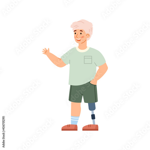 Cute disabled boy with prosthetic limb, cartoon vector illustration isolated.