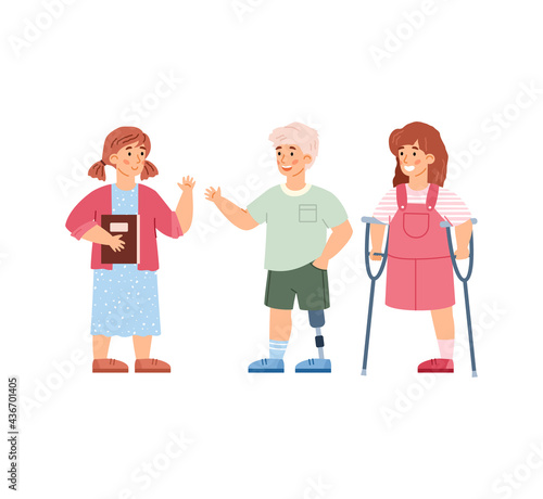 Disabled and healthy children together, cartoon vector illustration isolated.