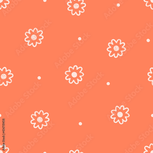 Naive simple childish flower dots vector seamless pattern. Summer floral nursery calico orange colour print design. 