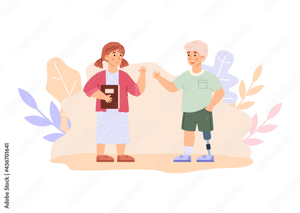 Little girl greeting her disabled friend, cartoon vector illustration isolated. Little girl greeting her disabled friend, cartoon vector illustration isolated.