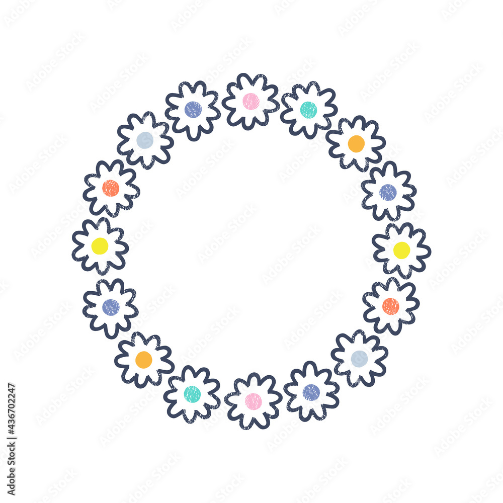 Floral bloomy wreath with multicoloured dots vector illustration isolated on white. Cute hippie round frame of simple naive daisy clipart. Boho circlet of flowers design element.