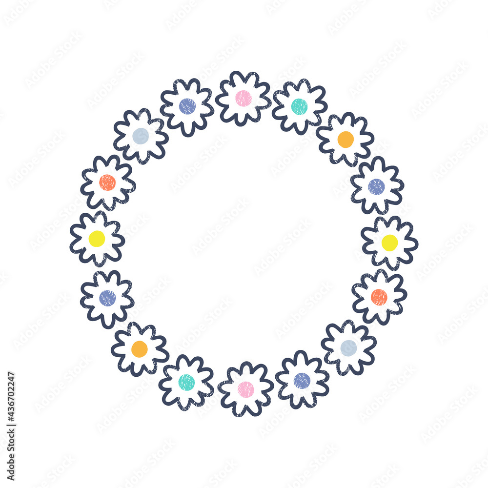 Floral bloomy wreath with multicoloured dots vector illustration isolated on white. Cute hippie round frame of simple naive daisy clipart. Boho circlet of flowers design element. Floral bloomy wreath with multicoloured dots vector illustration isolated on white. Cute hippie round frame of simple naive daisy clipart. Boho circlet of flowers design element.