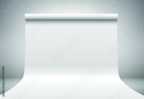 White empty photo studio, abstract light grey background. Design mockup. Gray paper, plastic  backdrop on dark room wall. Realistic 3D template mock up. Vector illustration. Place product, showcase. 