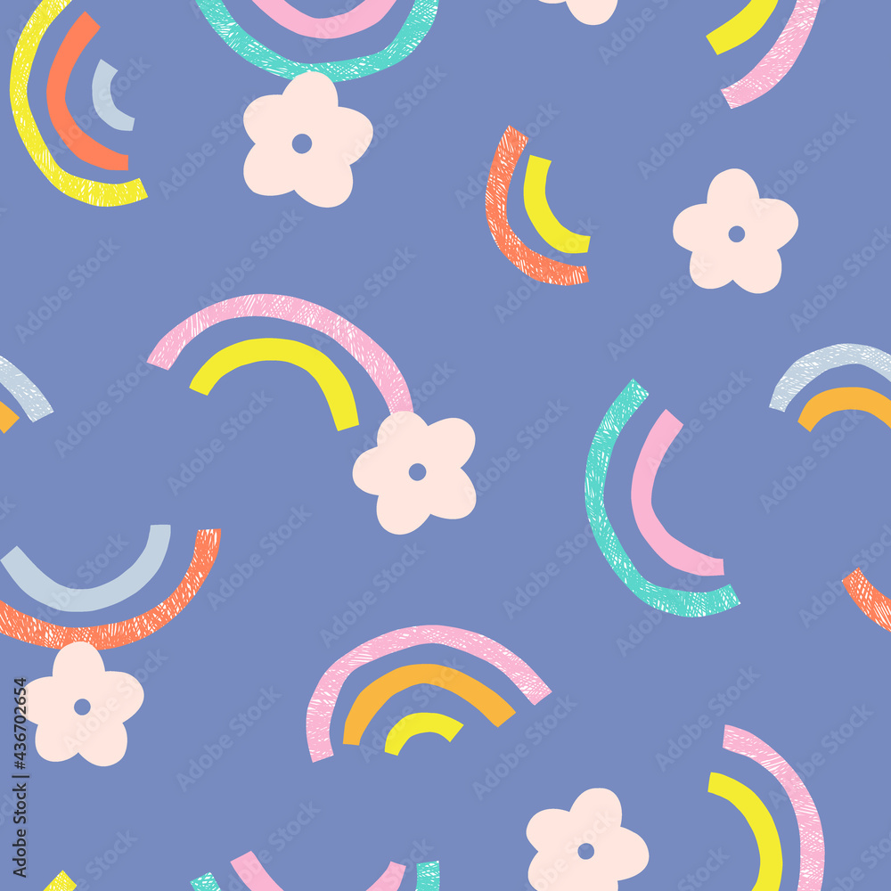 Rainbow and daisy flower vector seamless pattern. Summer floral Scandinavian nursery print design. Hippie positive vibes background. Rainbow and daisy flower vector seamless pattern. Summer floral Scandinavian nursery print design. Hippie positive vibes background.