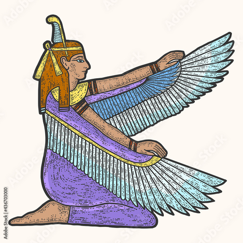 Isis, seated woman with wings color. Sketch scratch board imitation.