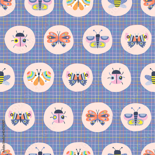 Decorative insect medallion vector seamless pattern. Whimsical Butterfly Ladybug Bee in roundel on checkered background. Scandinavian childish colourful summer print design.