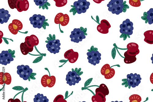 Seamless pattern of cherries and blackberries, color, vector