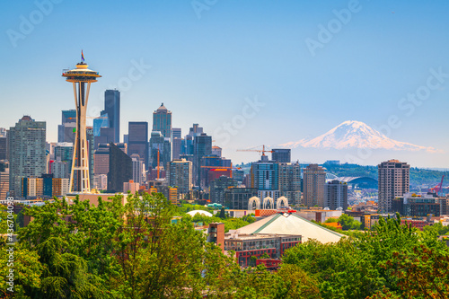 Seattle, Washington, USA Downtown Skyline with Mt. Rainier. photo
