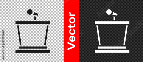 Black Stage stand or debate podium rostrum icon isolated on transparent background. Conference speech tribune. Vector